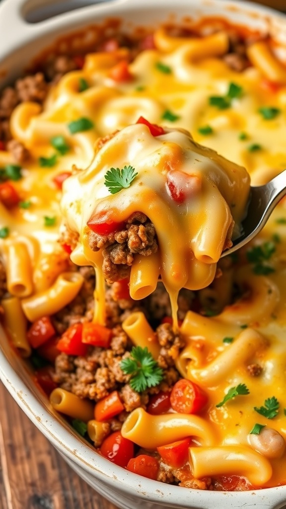 A cheesy ground beef casserole with pasta and tomatoes, garnished with parsley, in a rustic baking dish.
